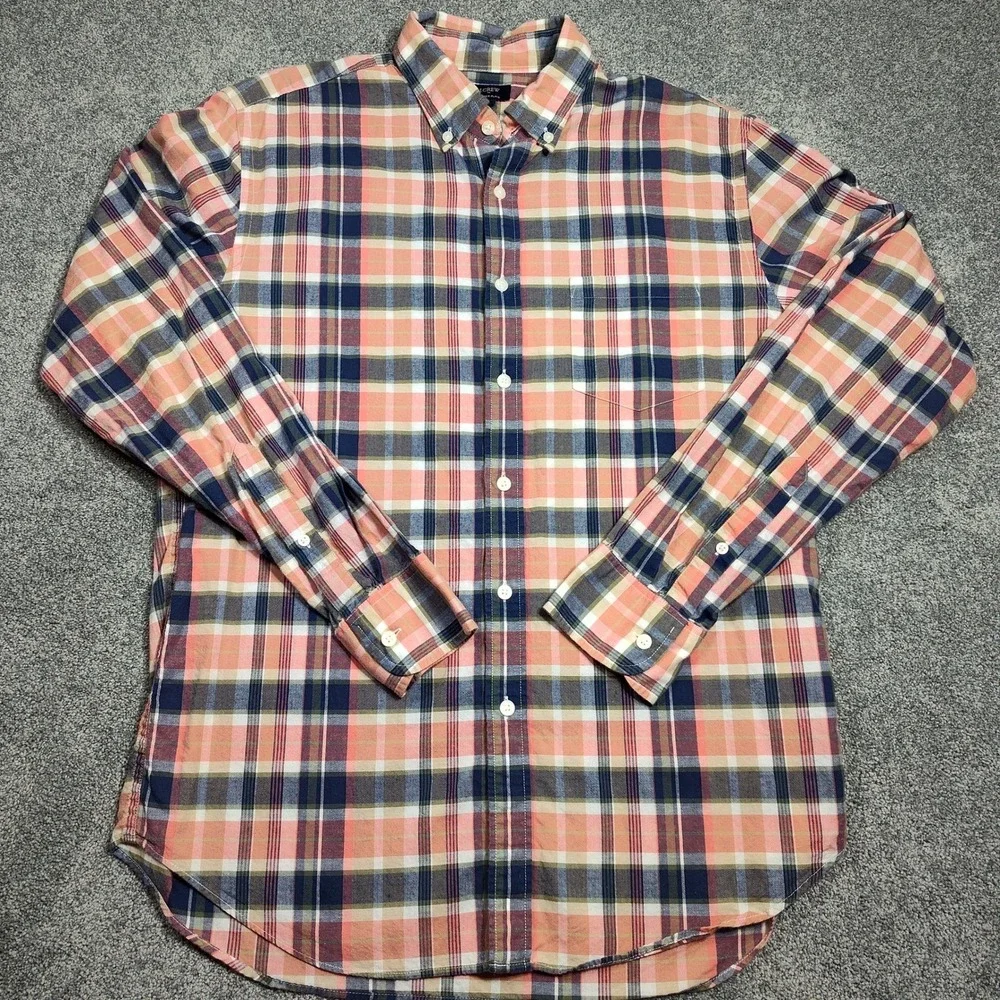 J Crew Mens Summer Plaid Button Down Long Sleeve Shirt Size M Peach Navy Cotton